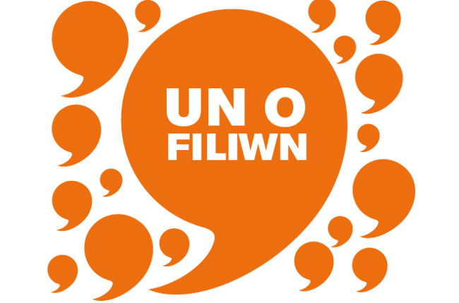 Symbol o arwydd bathodyn iaith gwaith, gyda thestun un o filiwn