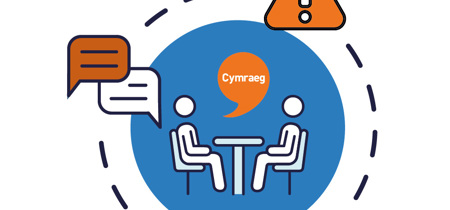 Graffeg o ddau berson yn eistedd wrth fwrdd yn cael sgwrs 