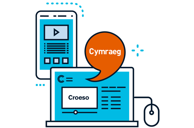 Graffeg o ffon a gliniadur gyda symbol Iaith Gwaith